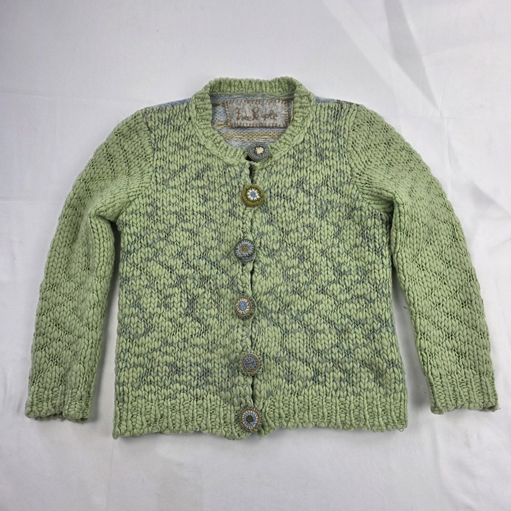 VTG Free People Sweater Cardigan Womens XS Green Chunky Knit Boho Fair Isle
